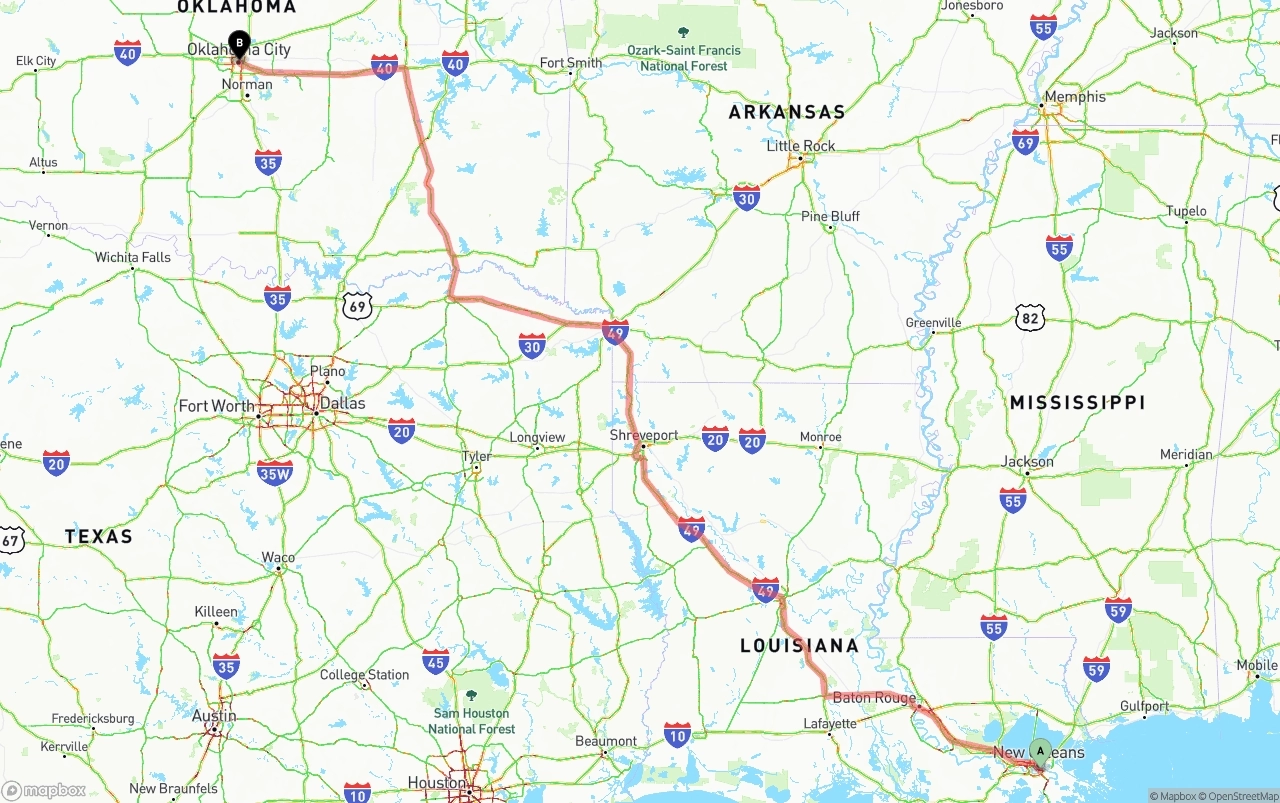 Shipping route from Port of New Orleans to Oklahoma City
