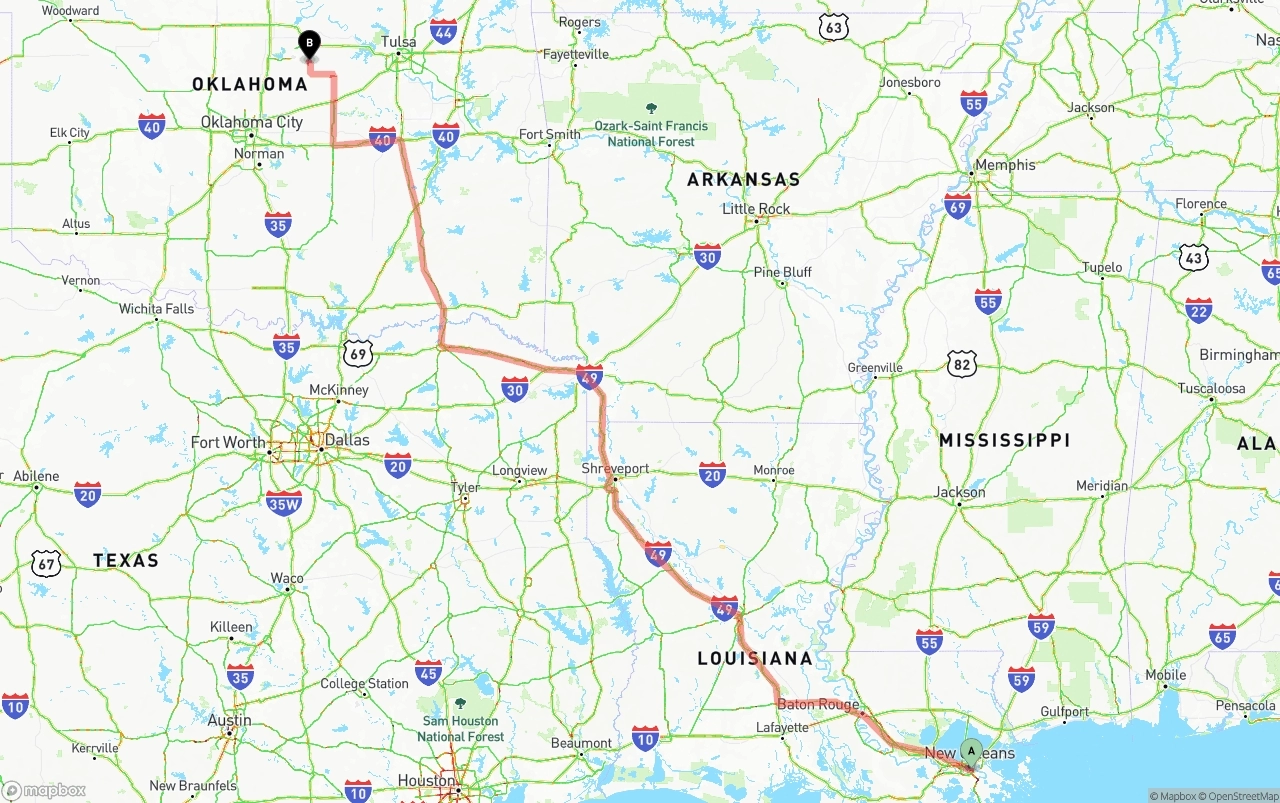 Shipping route from Port of New Orleans to Oklahoma