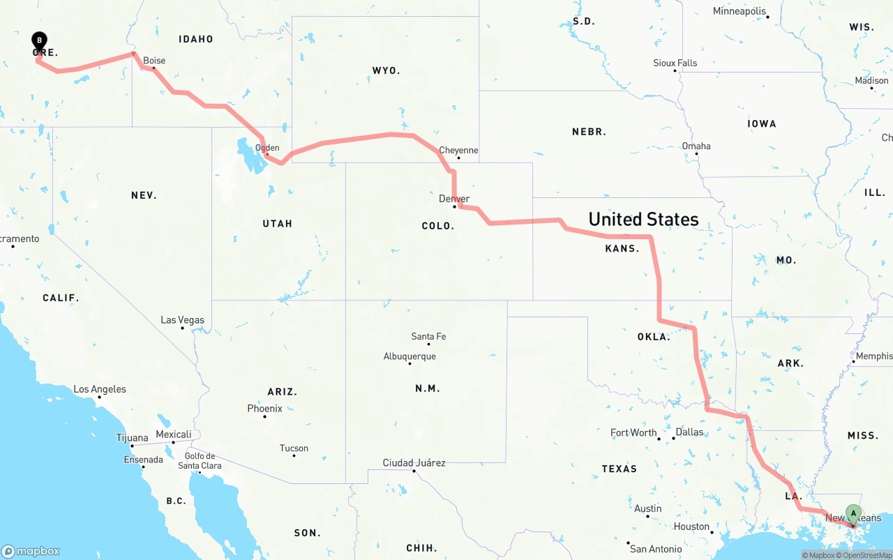Shipping route from Port of New Orleans to Oregon