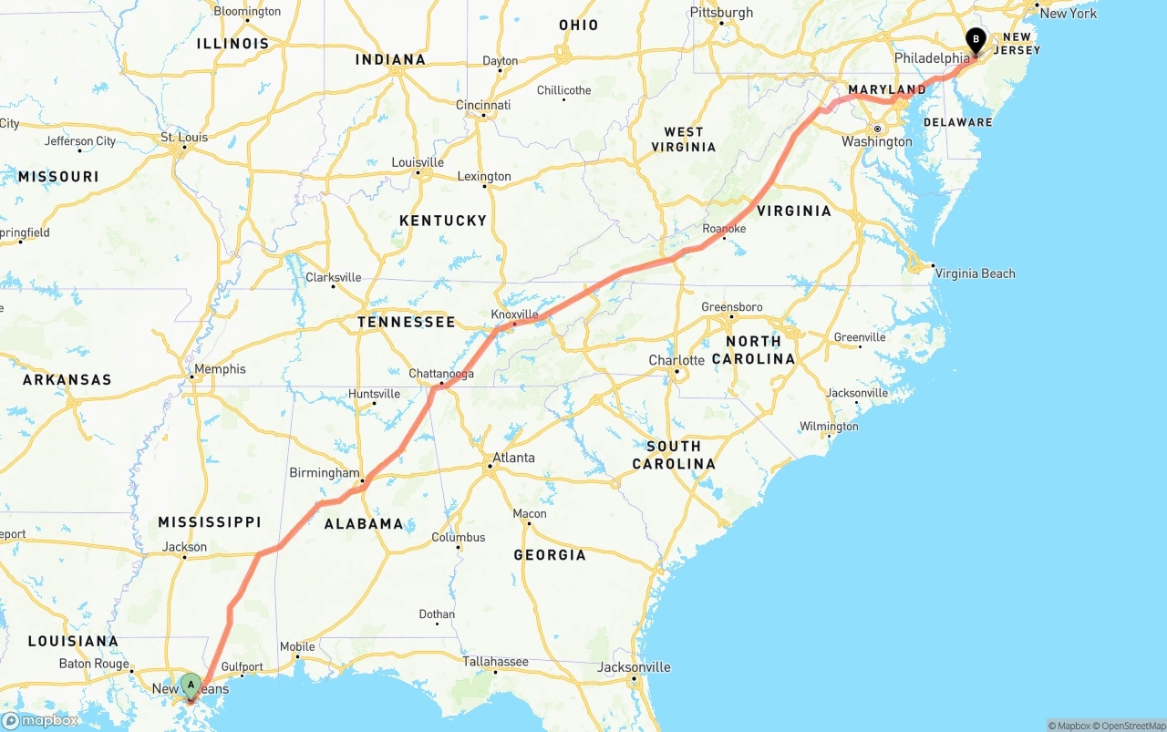 Shipping route from Port of New Orleans to Philadelphia