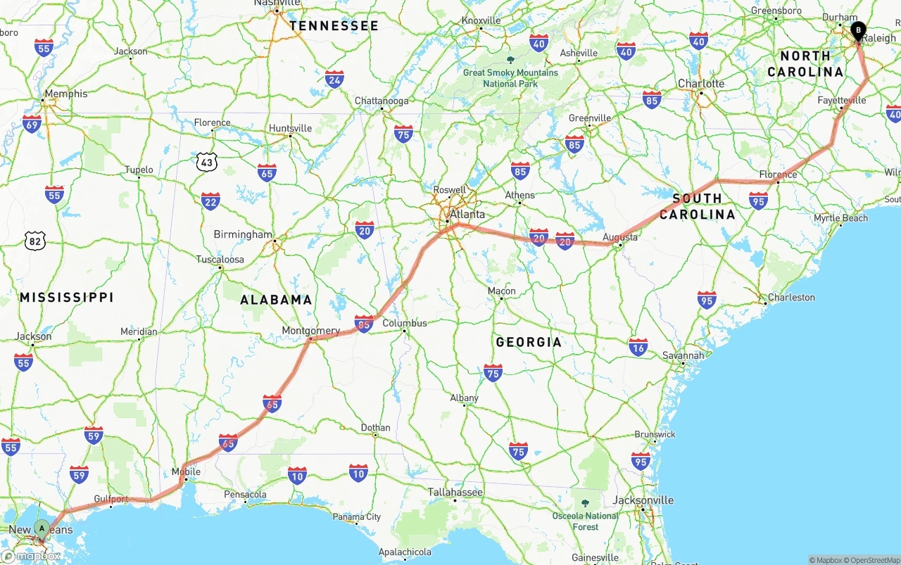 Shipping route from Port of New Orleans to Raleigh