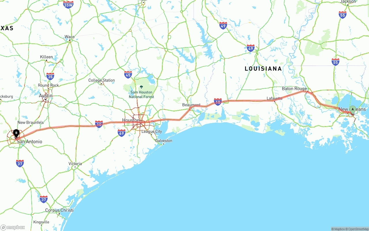 Shipping route from Port of New Orleans to San Antonio