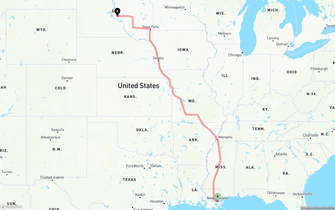 Shipping route from Port of New Orleans to South Dakota