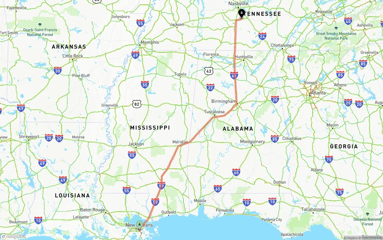 Shipping route from Port of New Orleans to Tennessee