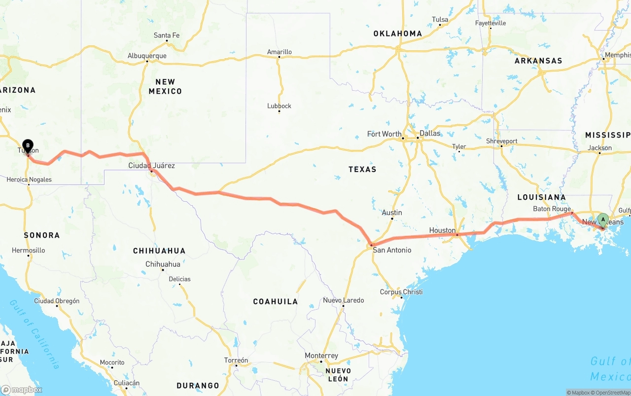 Shipping route from Port of New Orleans to Tucson