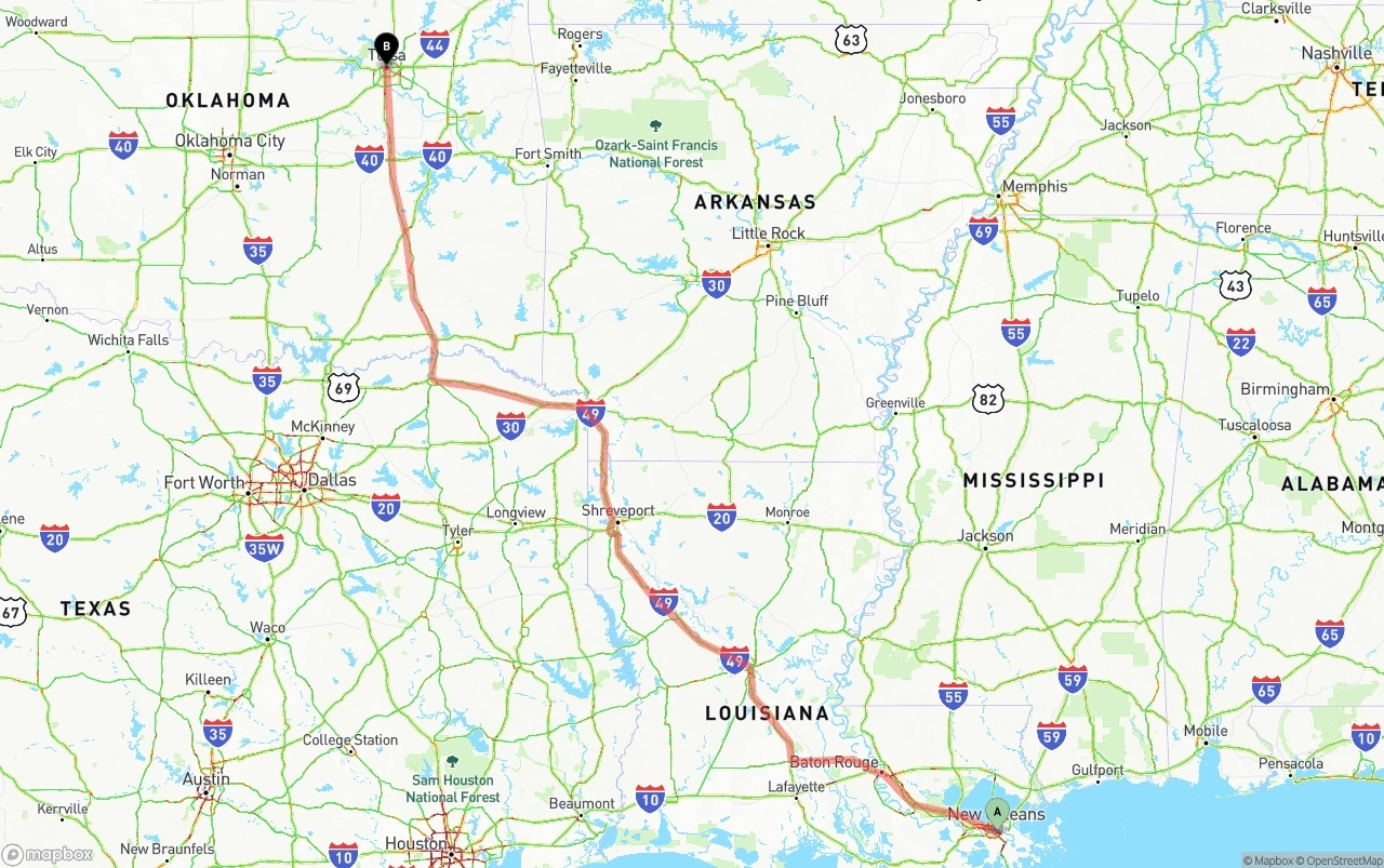 Shipping route from Port of New Orleans to Tulsa