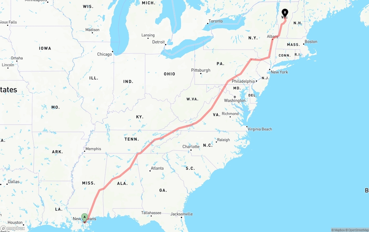Shipping route from Port of New Orleans to Vermont