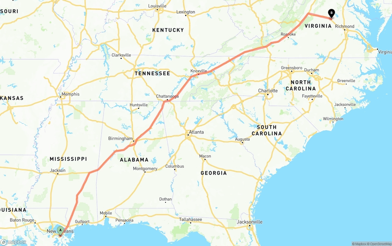 Shipping route from Port of New Orleans to Virginia