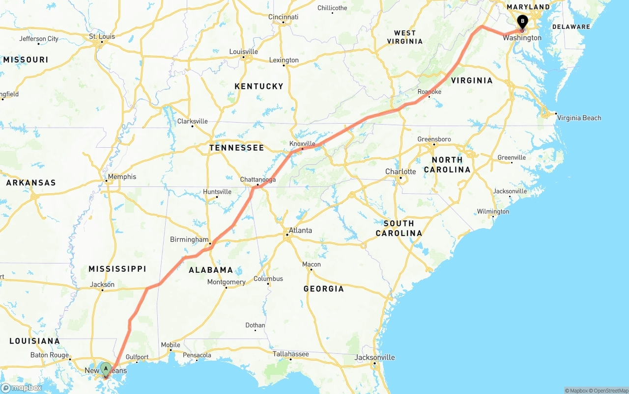 Shipping route from Port of New Orleans to Washington D.C.