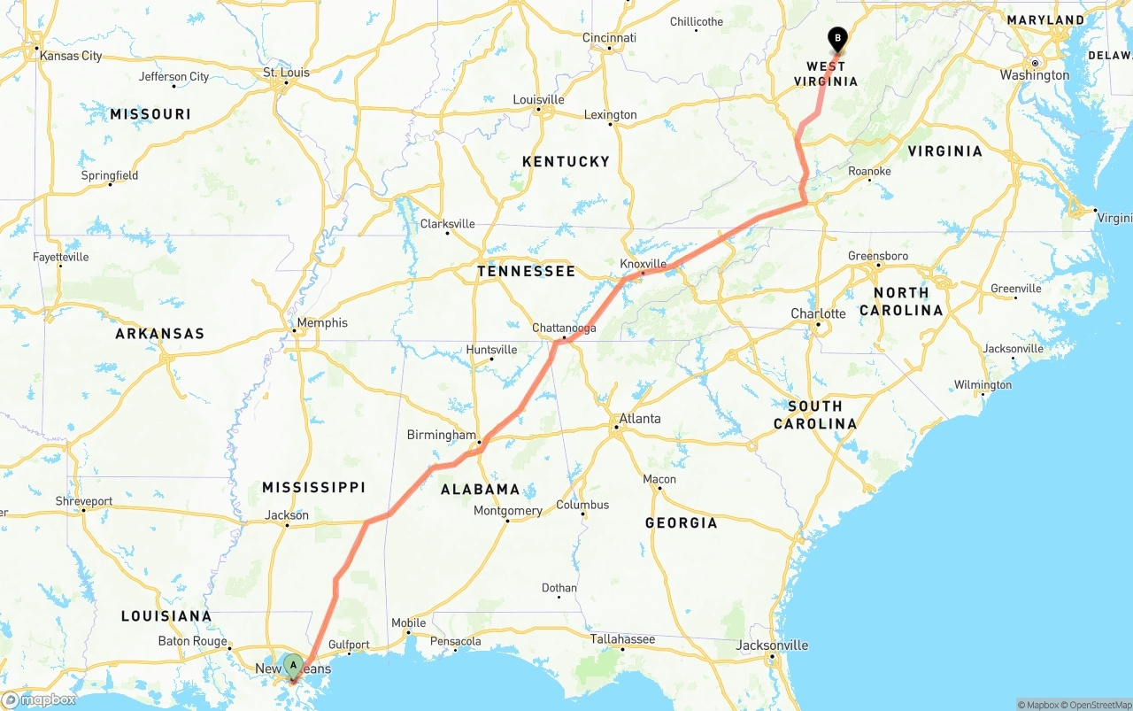 Shipping route from Port of New Orleans to West Virginia