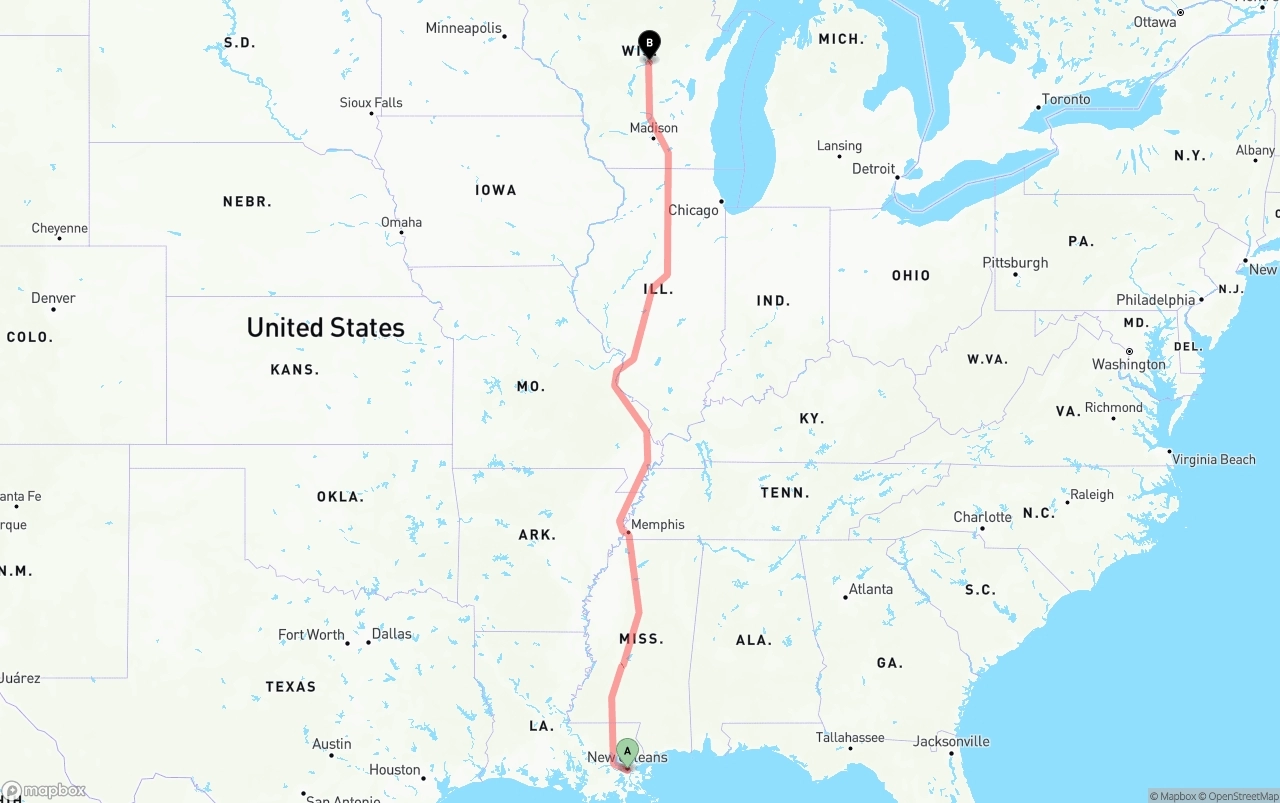 Shipping route from Port of New Orleans to Wisconsin