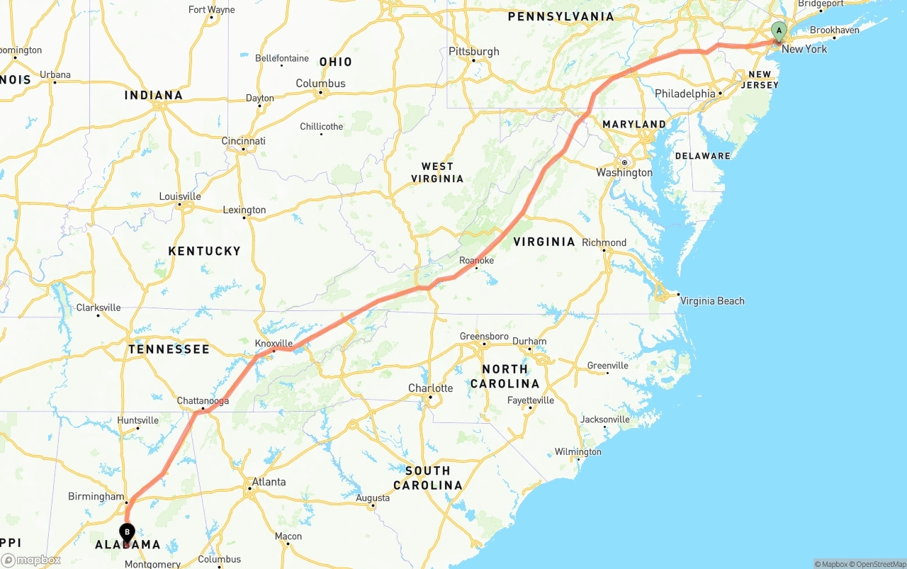 Shipping route from Port of New York to Alabama