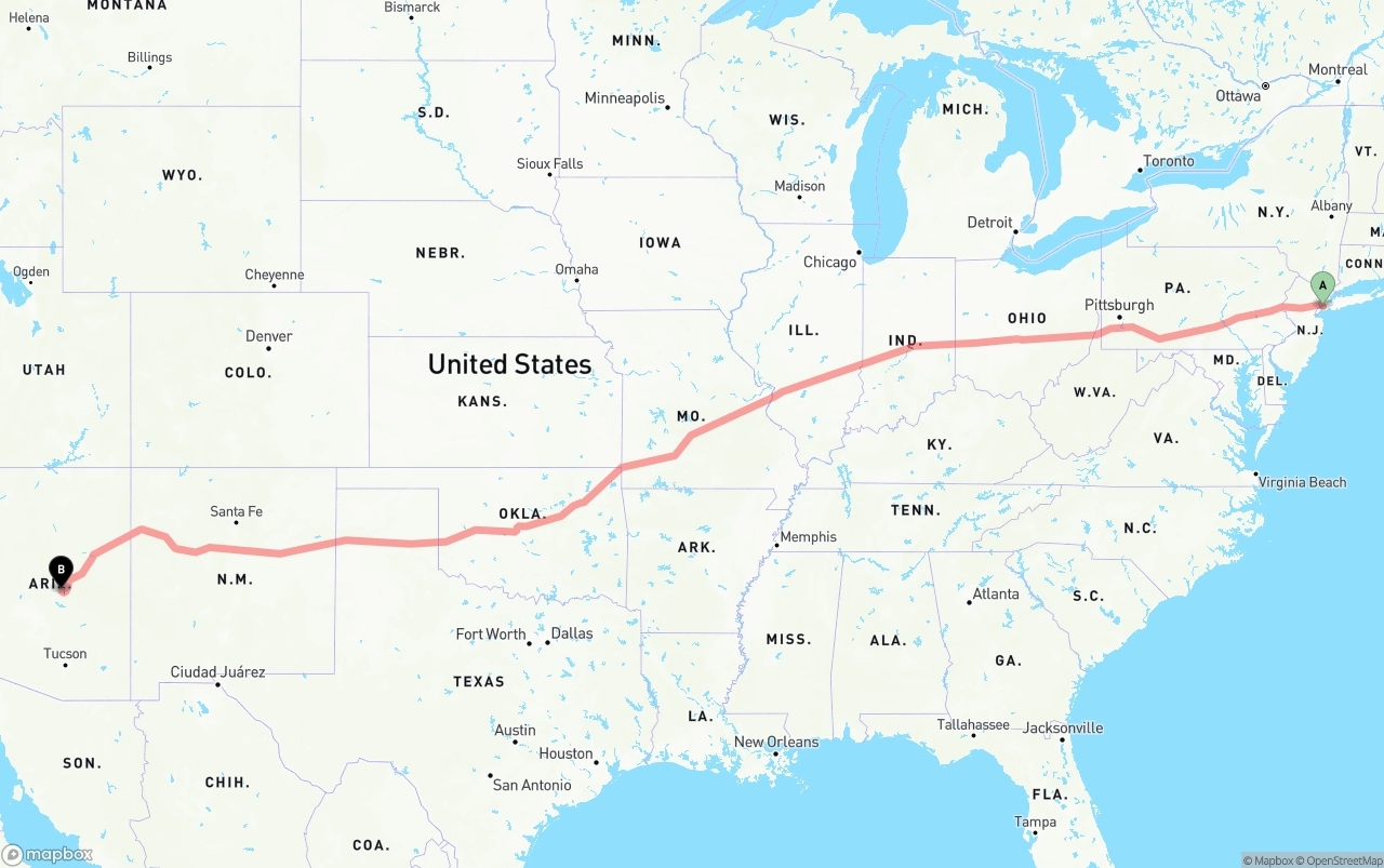 Shipping route from Port of New York to Arizona