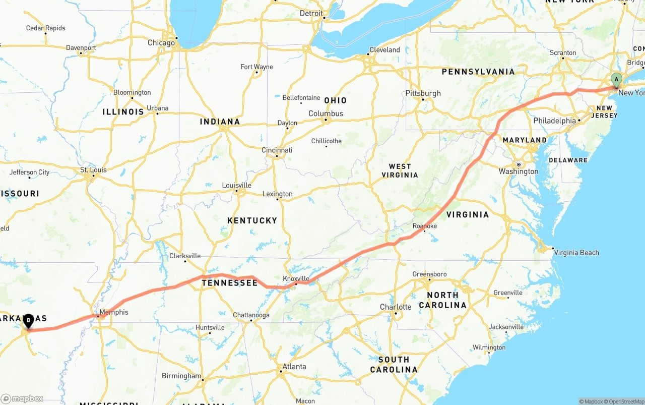 Shipping route from Port of New York to Arkansas
