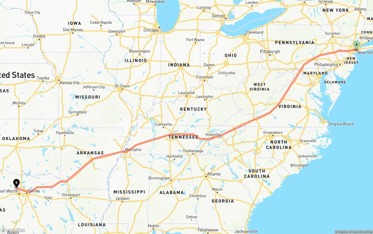 Shipping route from Port of New York to Aurora