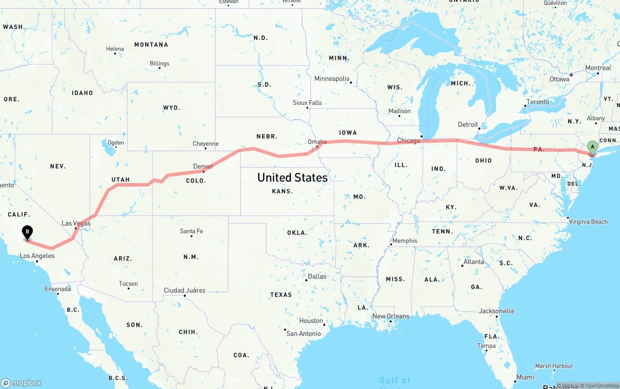 Shipping route from Port of New York to Bakersfield