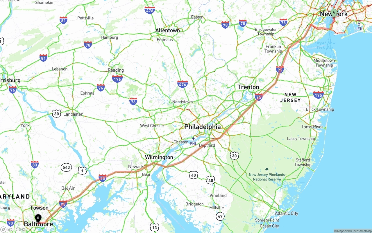 Shipping route from Port of New York to Baltimore