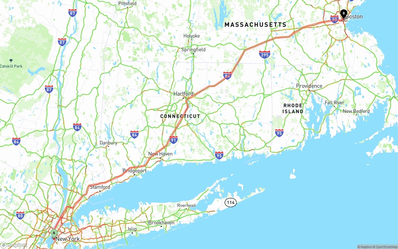 Shipping route from Port of New York to Boston