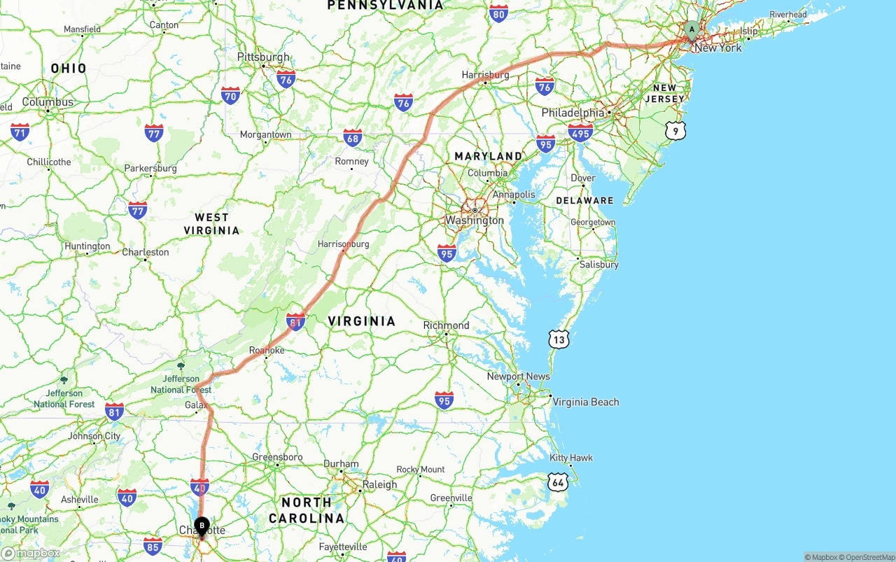 Shipping route from Port of New York to Charlotte