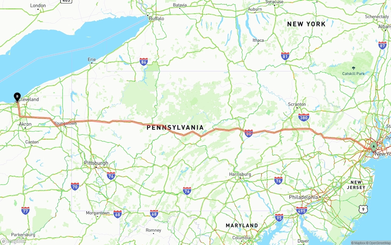 Shipping route from Port of New York to Cleveland