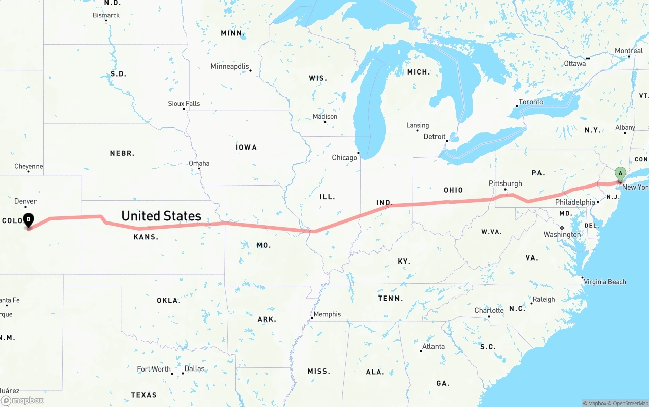Shipping route from Port of New York to Colorado Springs