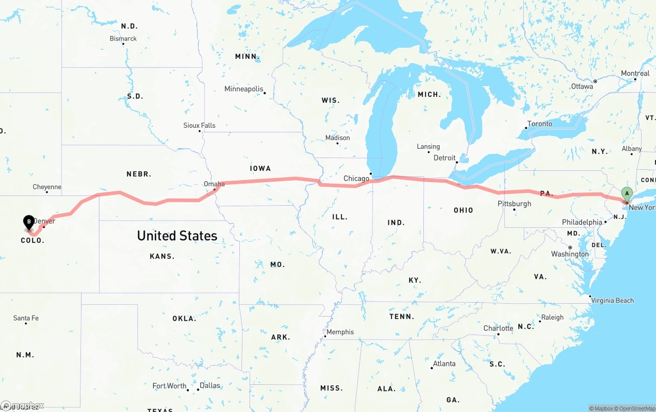 Shipping route from Port of New York to Colorado