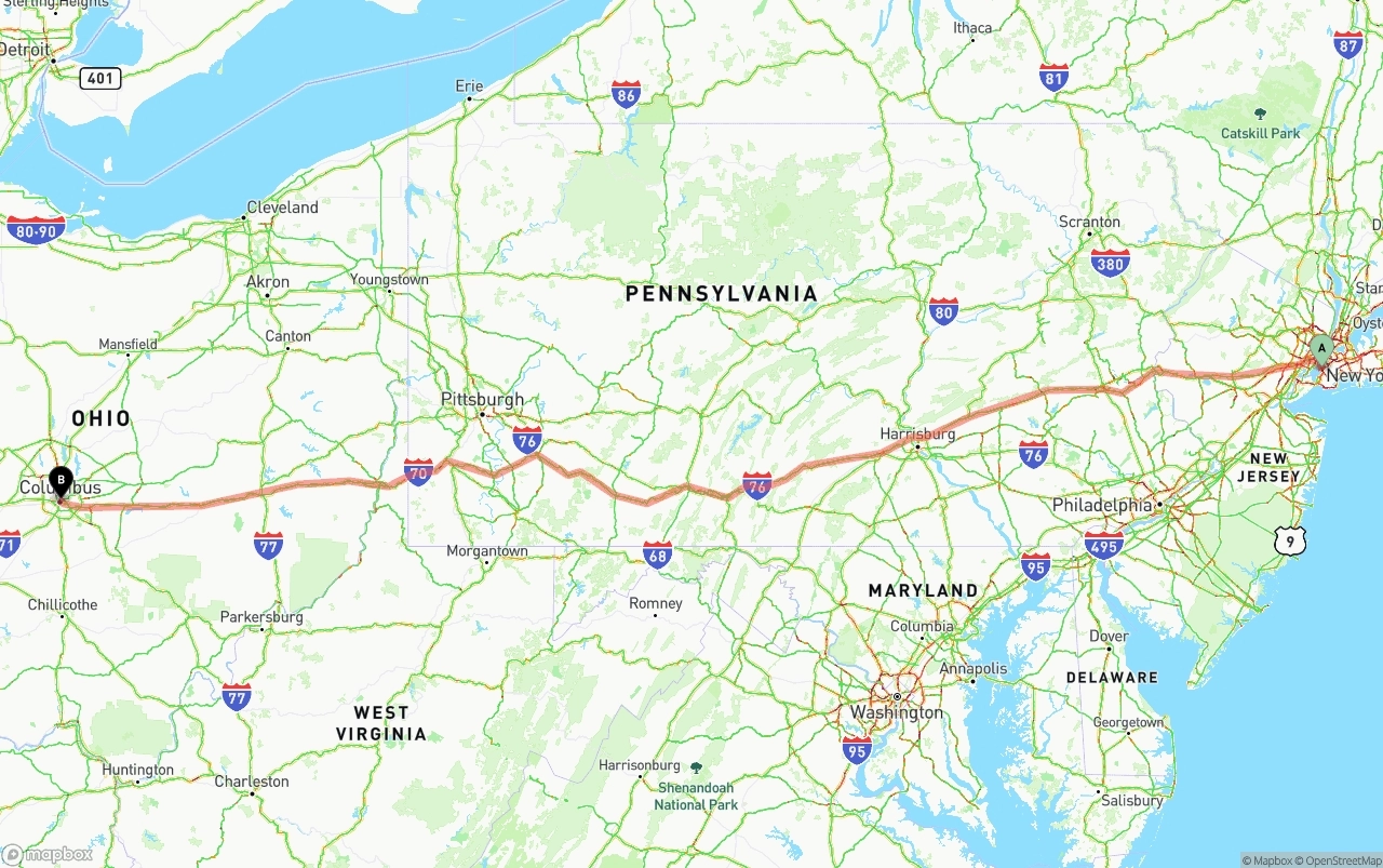Shipping route from Port of New York to Columbus