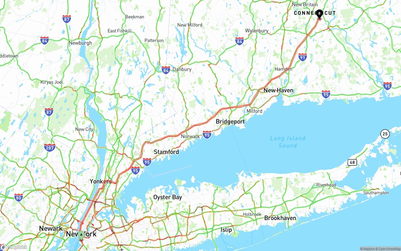 Shipping route from Port of New York to Connecticut