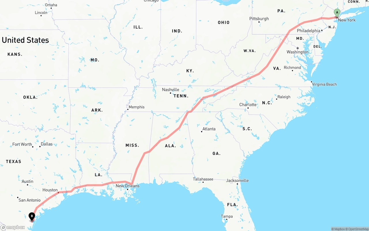 Shipping route from Port of New York to Corpus Christi