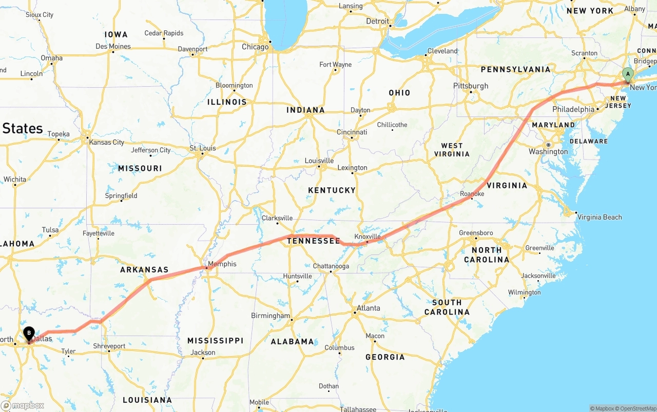 Shipping route from Port of New York to Dallas