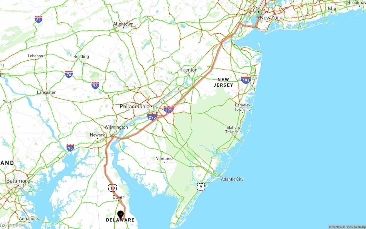 Shipping route from Port of New York to Delaware