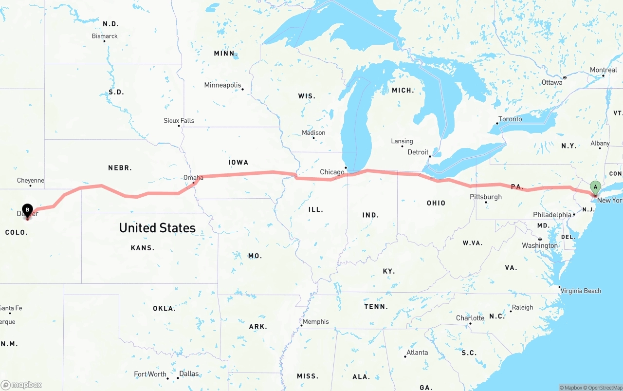 Shipping route from Port of New York to Denver