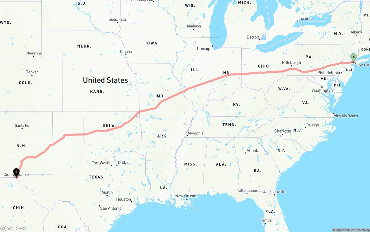 Shipping route from Port of New York to El Paso