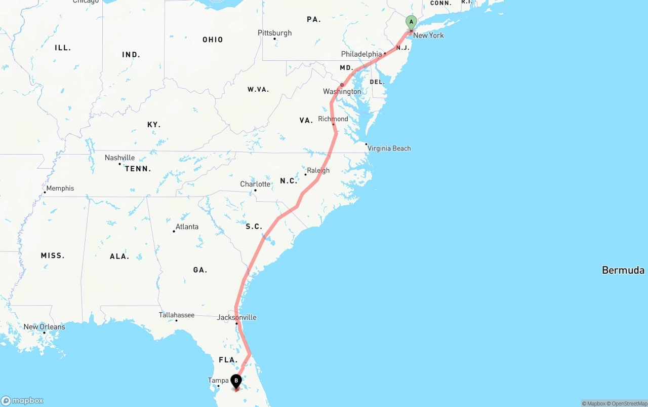 Shipping route from Port of New York to Florida