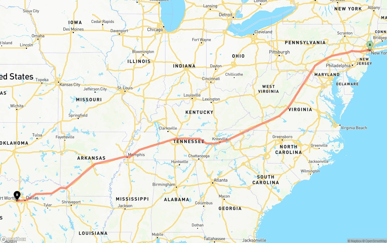 Shipping route from Port of New York to Fort Worth