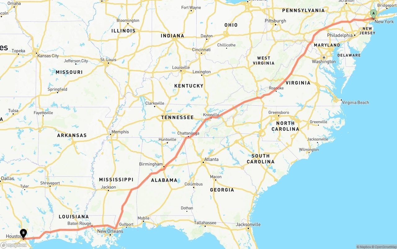 Shipping route from Port of New York to Houston