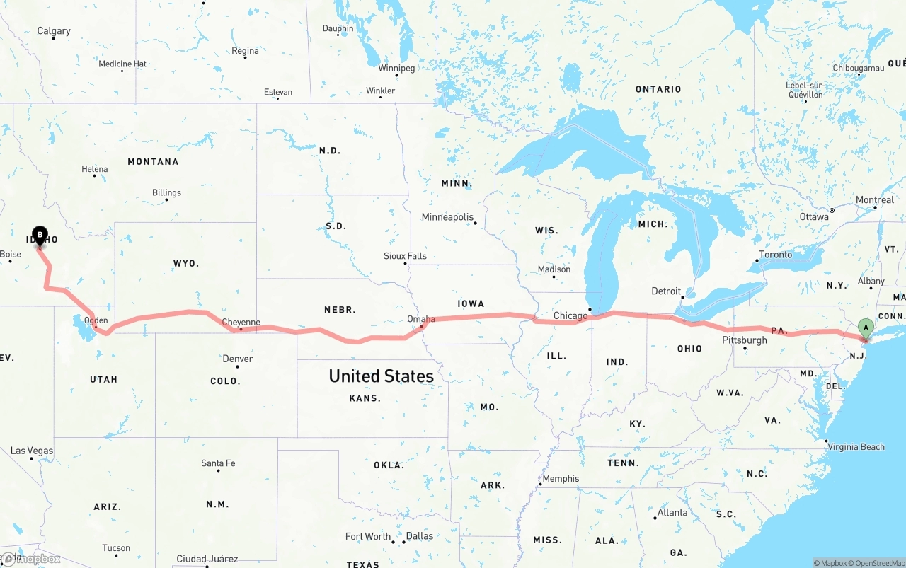 Shipping route from Port of New York to Idaho