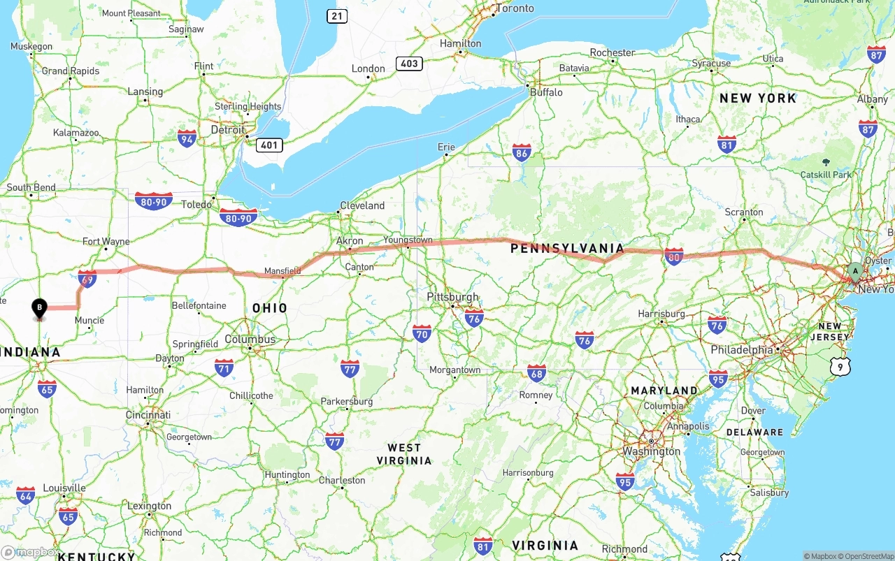 Shipping route from Port of New York to Indiana