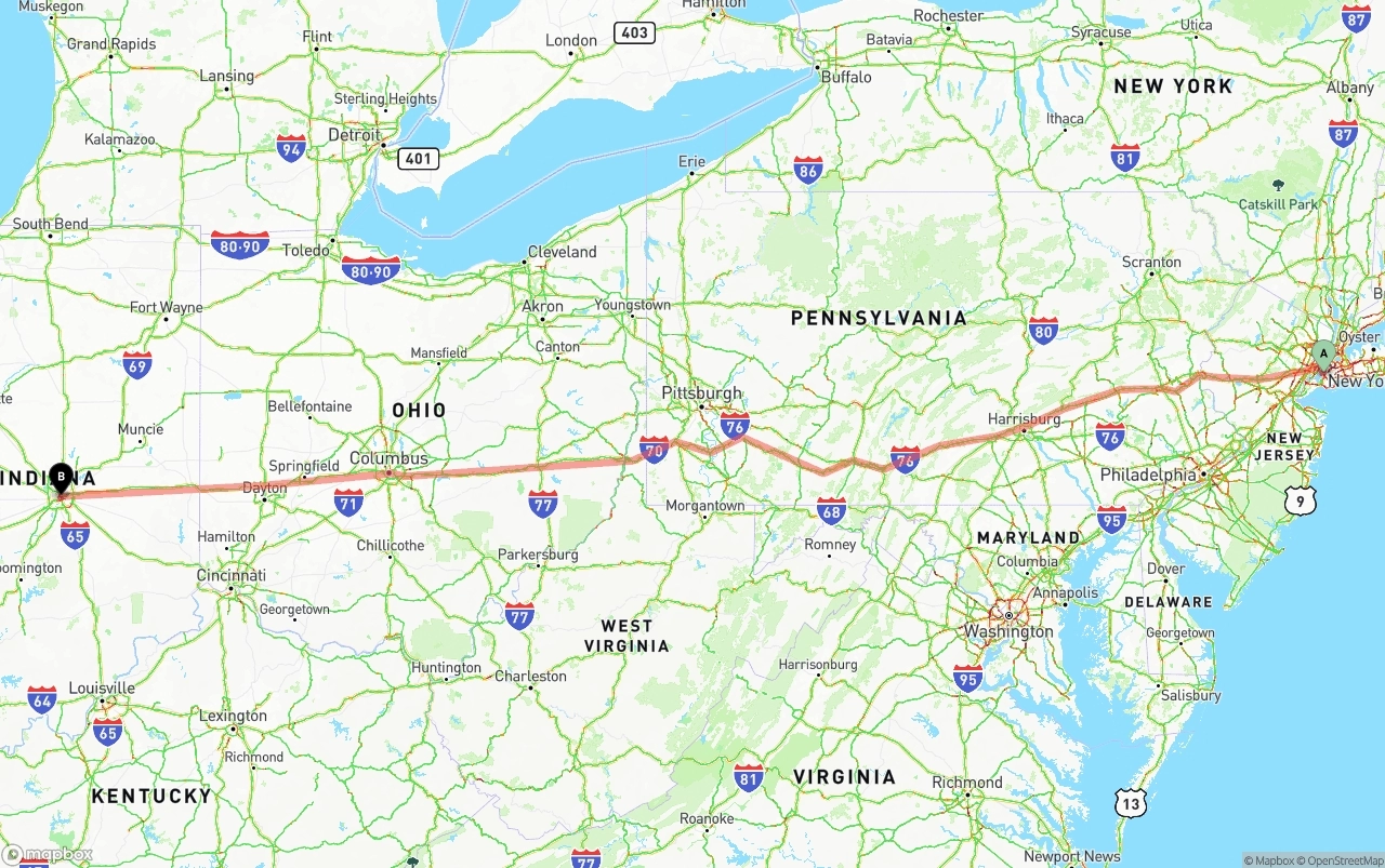 Shipping route from Port of New York to Indianapolis