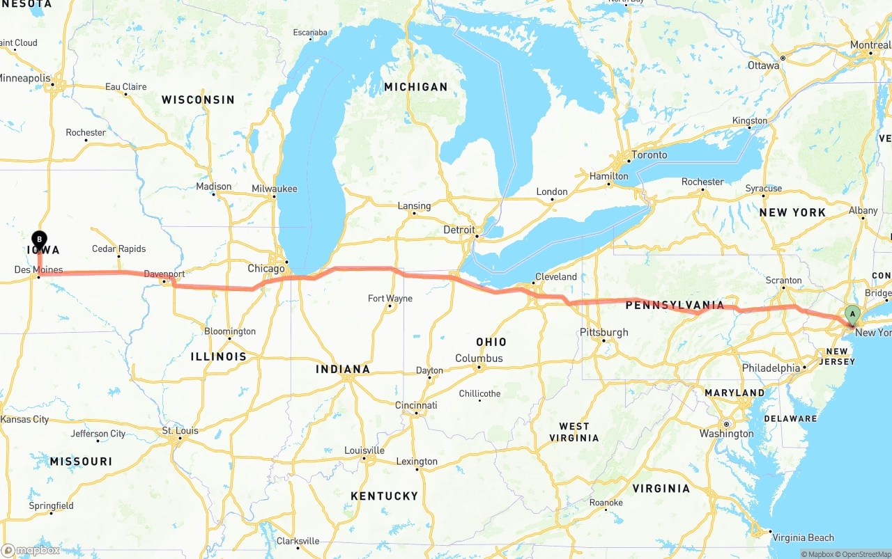 Shipping route from Port of New York to Iowa