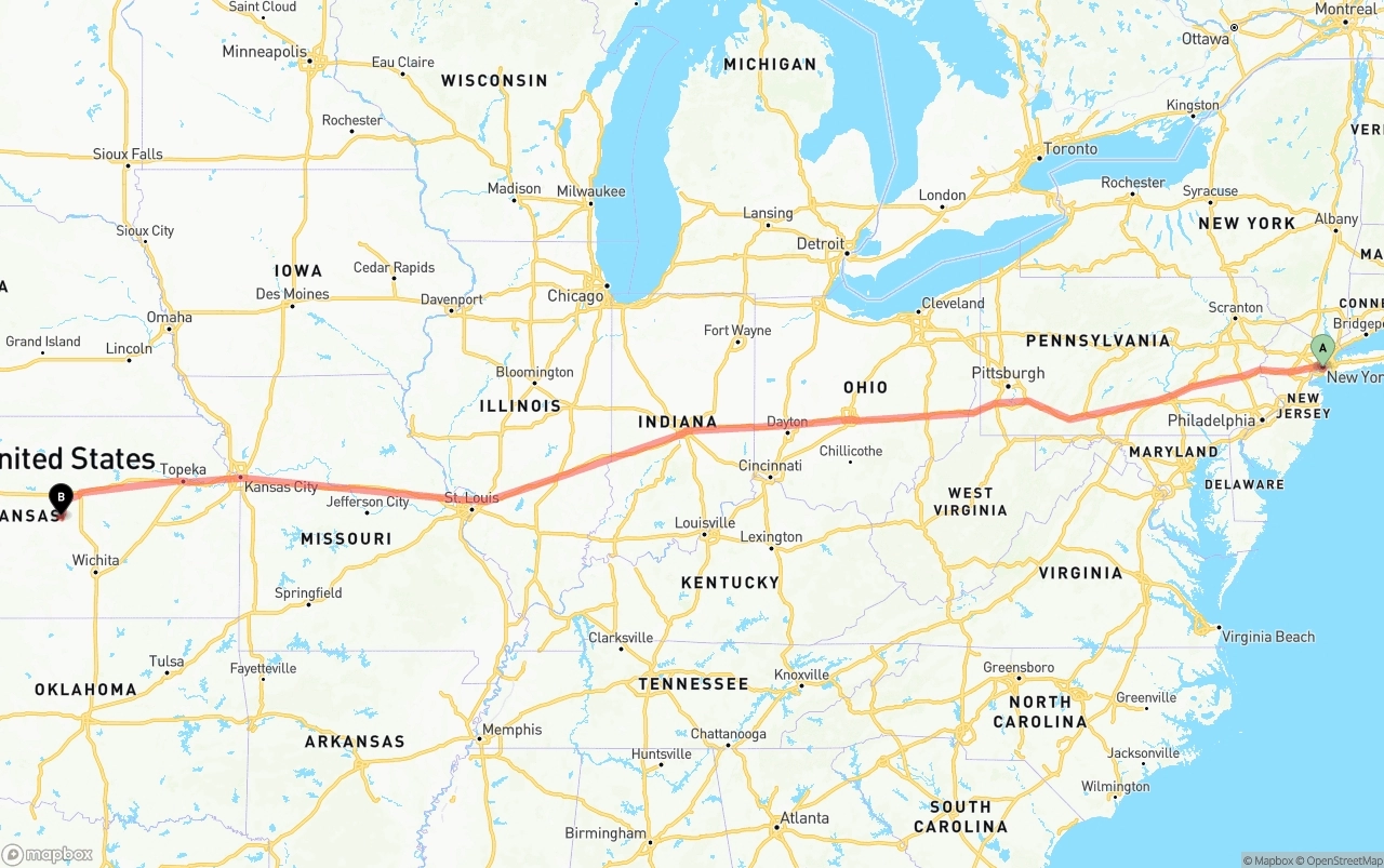 Shipping route from Port of New York to Kansas