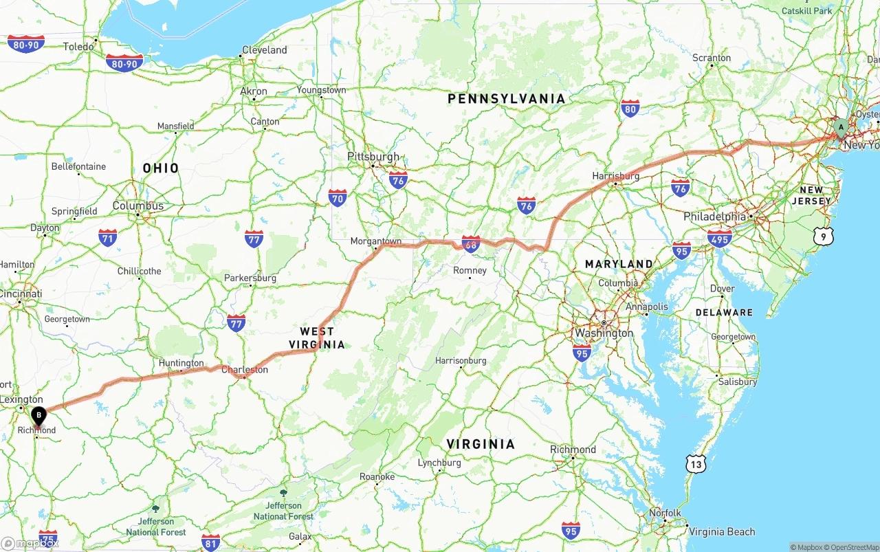 Shipping route from Port of New York to Kentucky