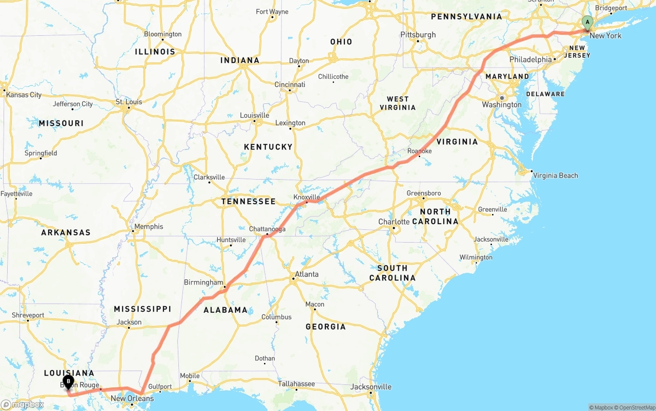 Shipping route from Port of New York to Louisiana