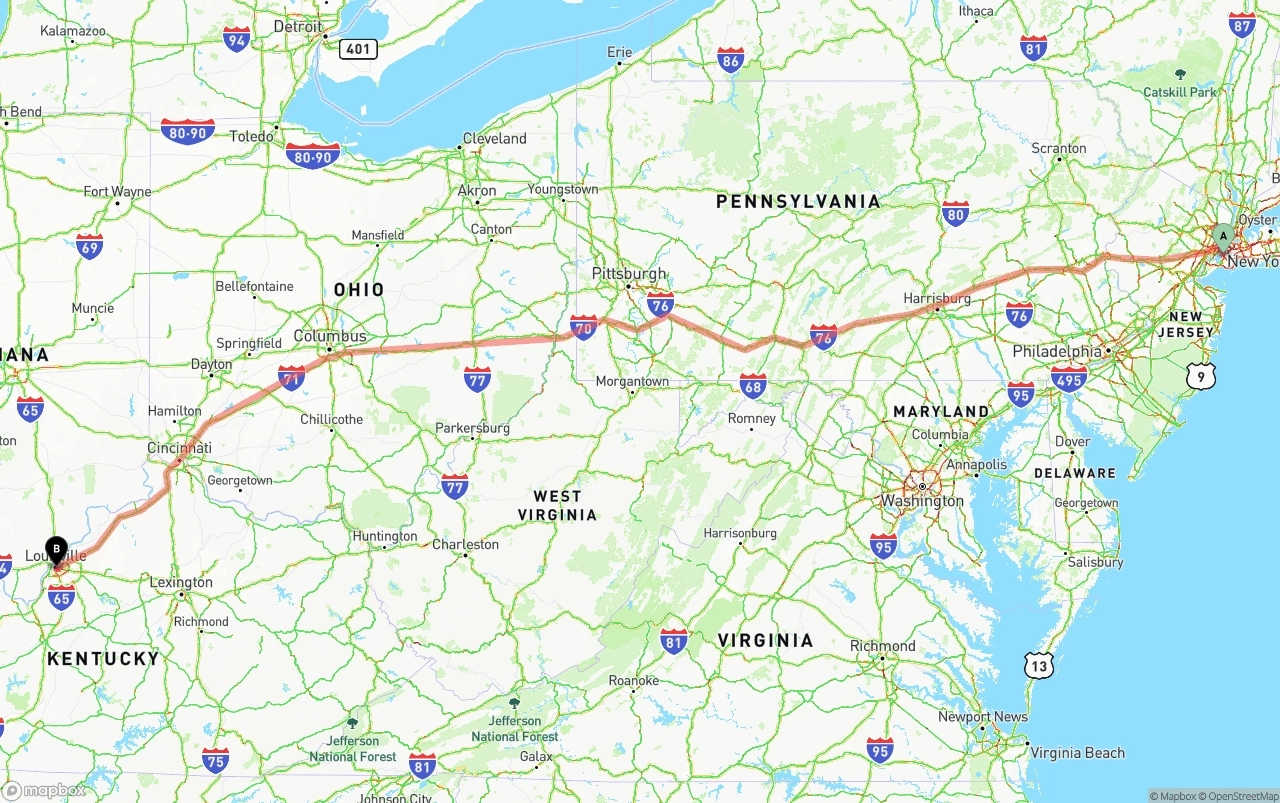 Shipping route from Port of New York to Louisville