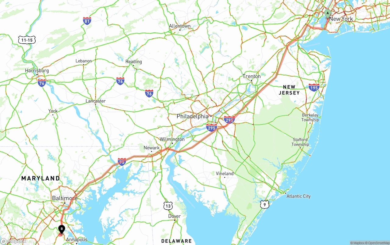 Shipping route from Port of New York to Maryland