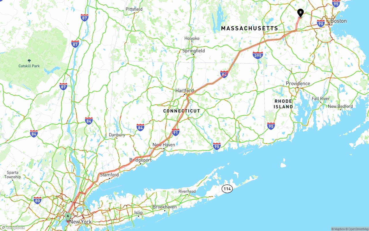Shipping route from Port of New York to Massachusetts