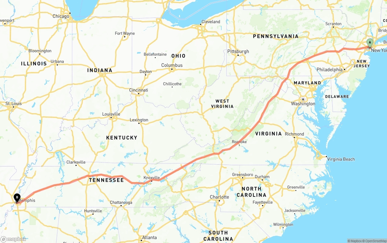 Shipping route from Port of New York to Memphis