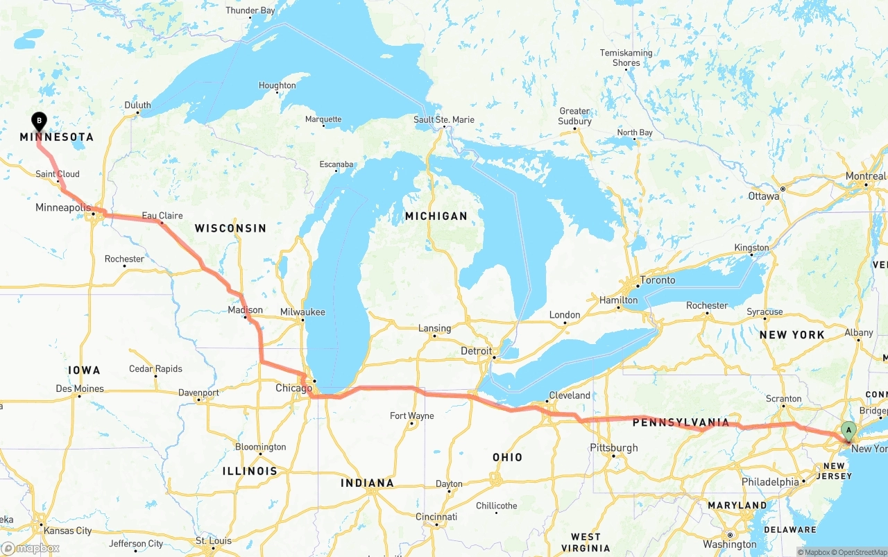 Shipping route from Port of New York to Minnesota