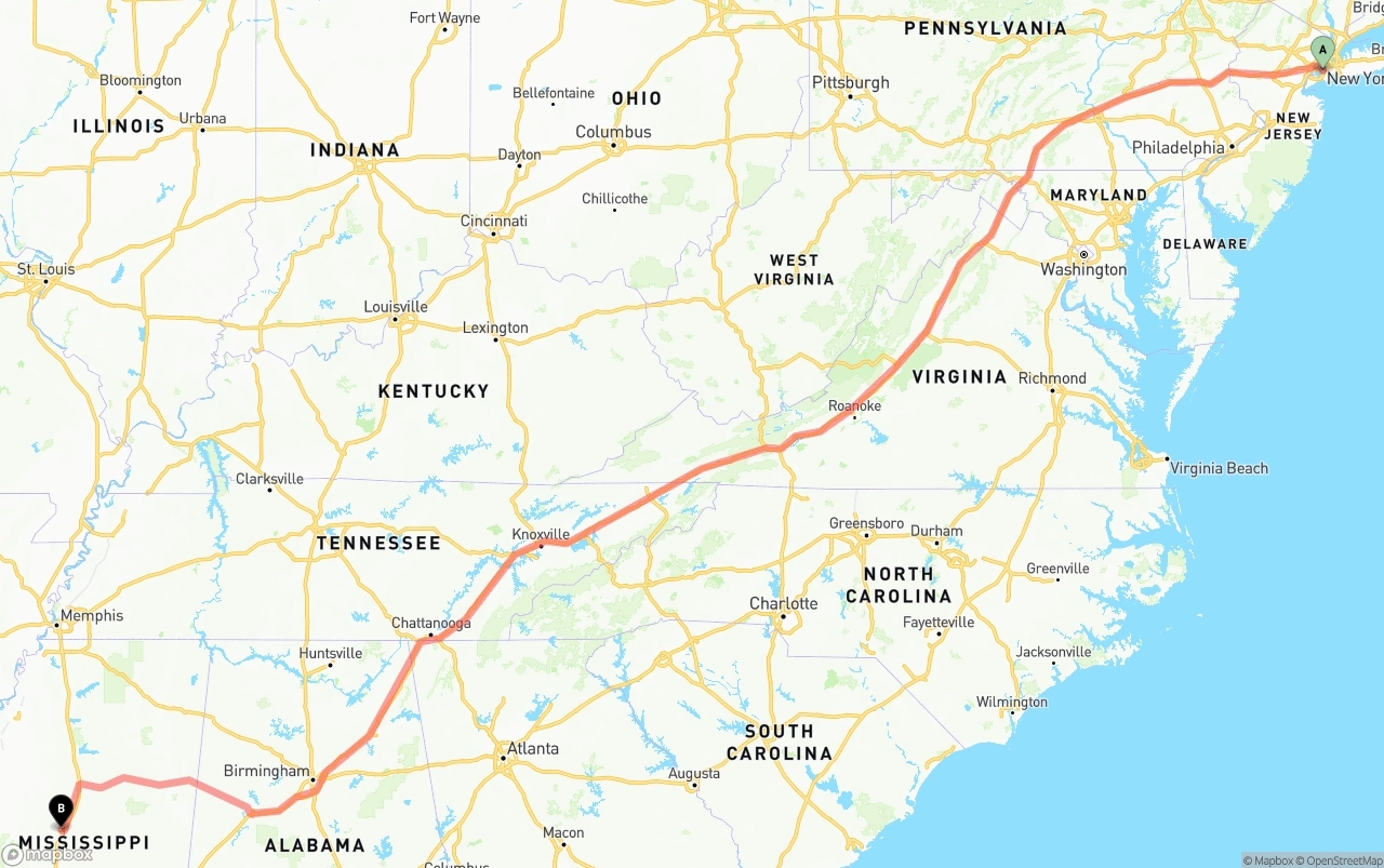 Shipping route from Port of New York to Mississippi