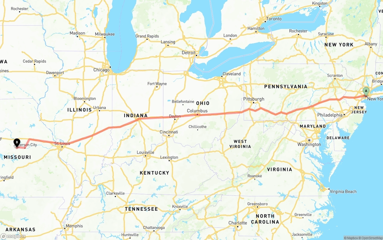 Shipping route from Port of New York to Missouri